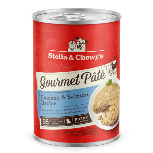Stella & Chewy's Puppy Chicken & Salmon Gourmet Pâté, grain-free wet food can, 12.5oz, protein-rich for optimal puppy development.