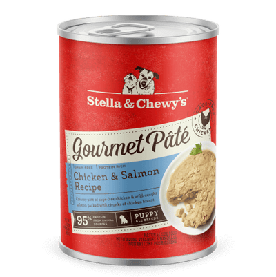 Stella & Chewy's Puppy Chicken & Salmon Gourmet Pâté, grain-free wet food can, 12.5oz, protein-rich for optimal puppy development.