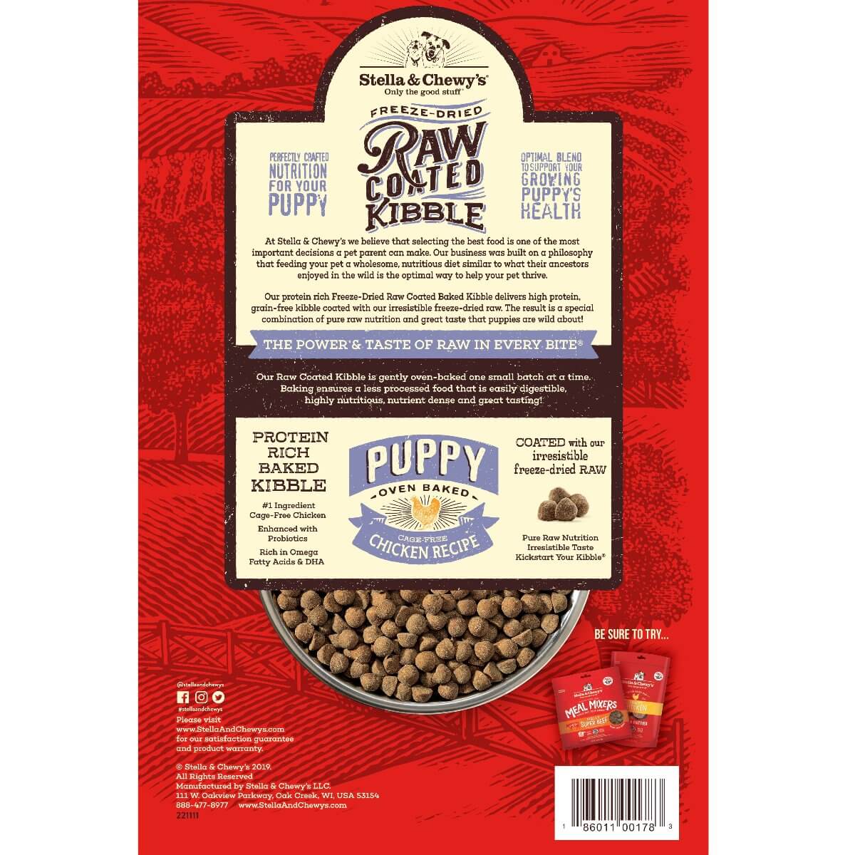 Stella & Chewy's freeze-dried raw coated kibble for puppies, chicken recipe, high protein, grain-free, nutritious dog food.