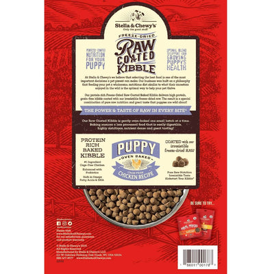 Stella & Chewy's freeze-dried raw coated kibble for puppies, chicken recipe, high protein, grain-free, nutritious dog food.