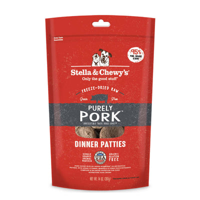 Stella & Chewy's Purely Pork Freeze-Dried Raw Dinner Patties packaging, 95% pork, grain-free, enhanced with probiotics.