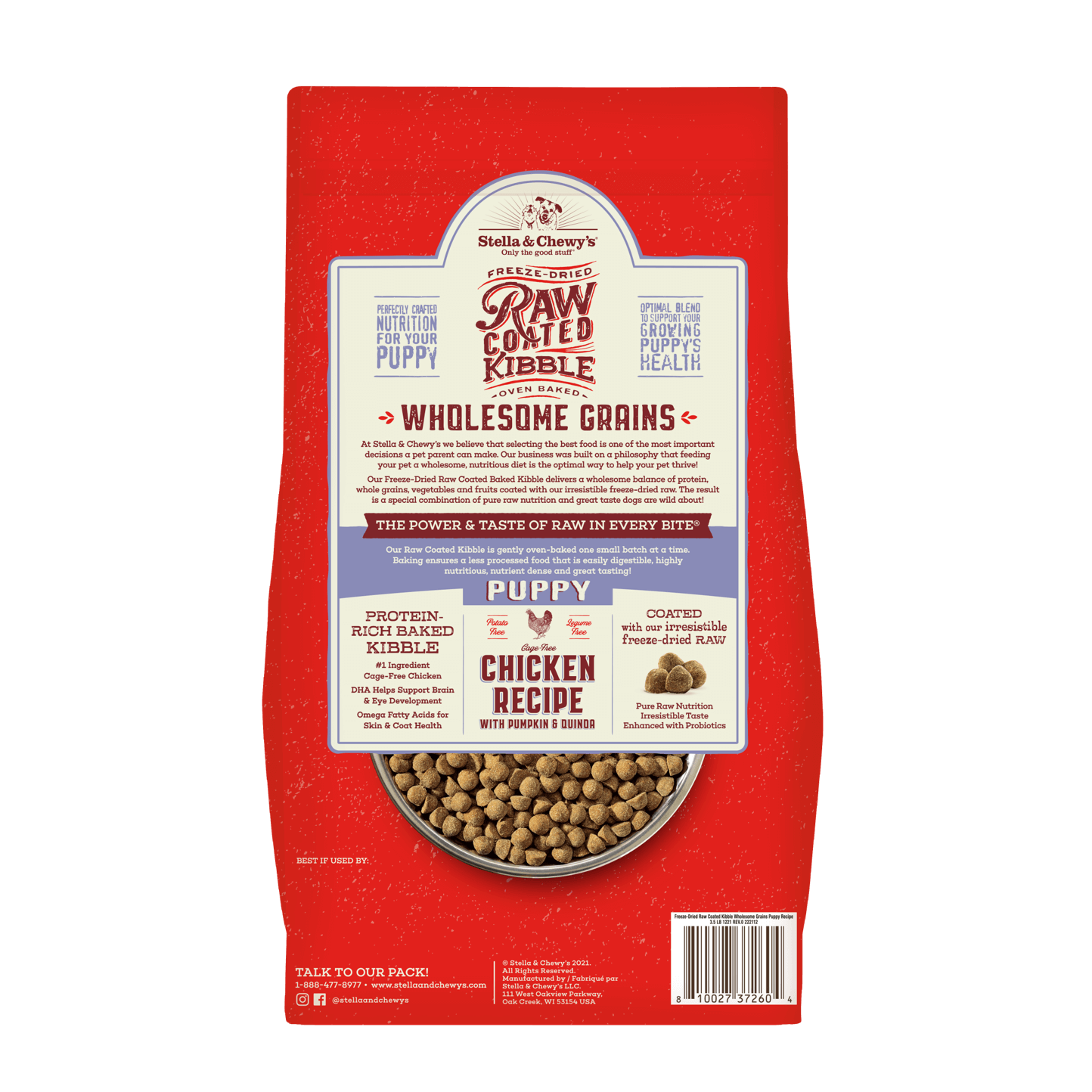 Stella & Chewy's Raw Coated Puppy Kibble with wholesome grains and chicken, perfect for growing puppies.