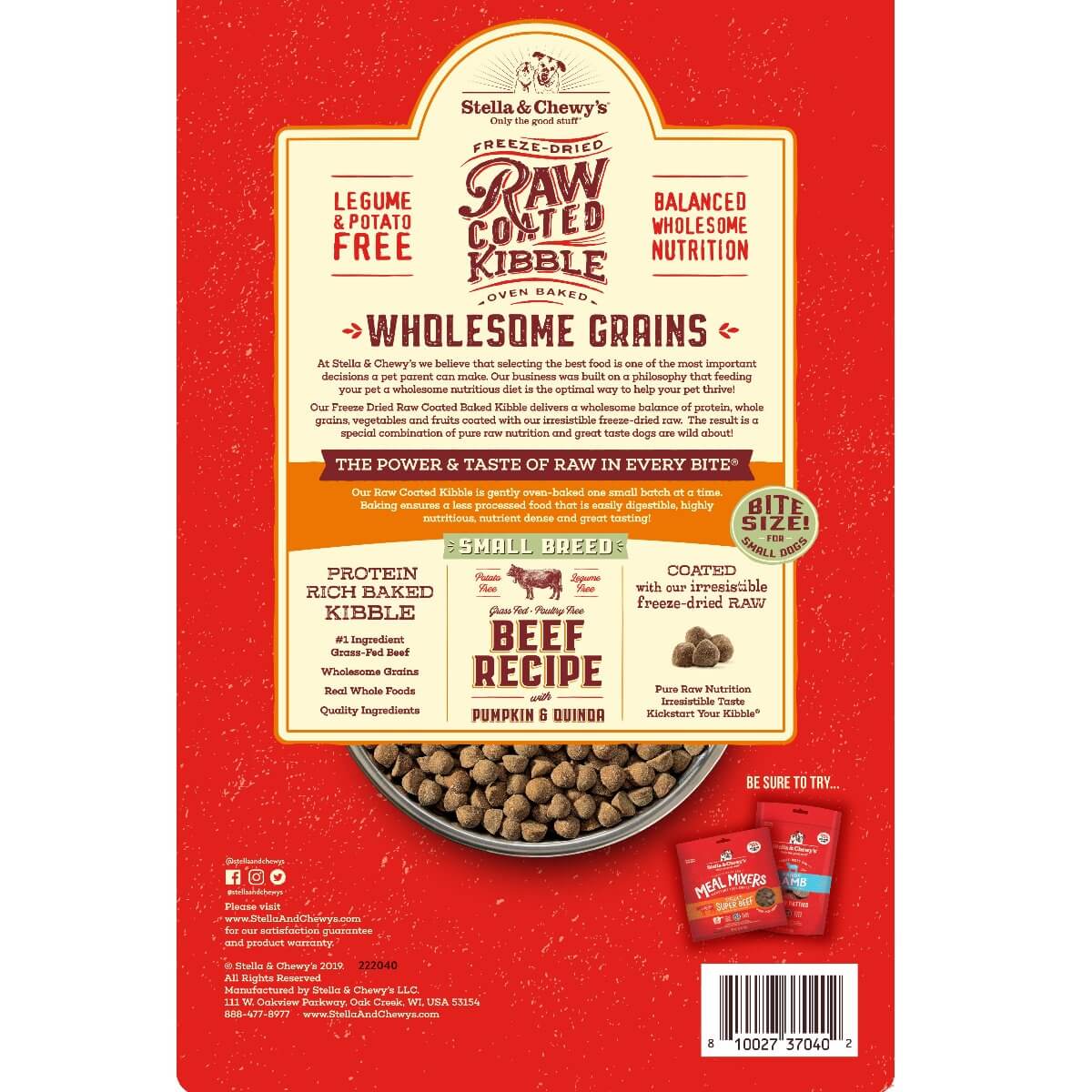 Stella & Chewy's Raw Coated Small Breed Kibble, Beef with Pumpkin & Quinoa, nutritious back packaging.