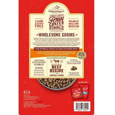 Stella & Chewy's Raw Coated Small Breed Kibble, Beef with Pumpkin & Quinoa, nutritious back packaging.