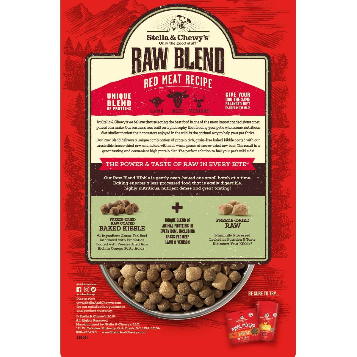 Stella & Chewy's Red Meat Recipe Freeze-Dried Raw Blend kibble packaging, featuring lamb, beef, and venison ingredients.