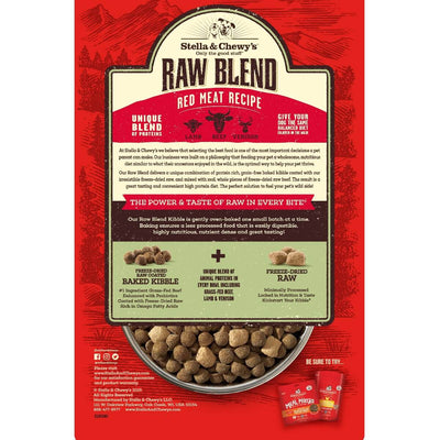 Stella & Chewy's Red Meat Recipe Freeze-Dried Raw Blend kibble packaging, featuring lamb, beef, and venison ingredients.