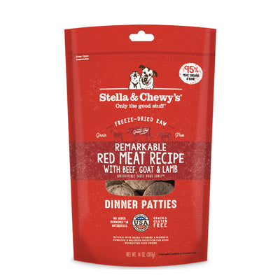 Stella & Chewy's Remarkable Red Meat Freeze-Dried Raw Dinner Patties with beef, goat, and lamb, 95% red meat.