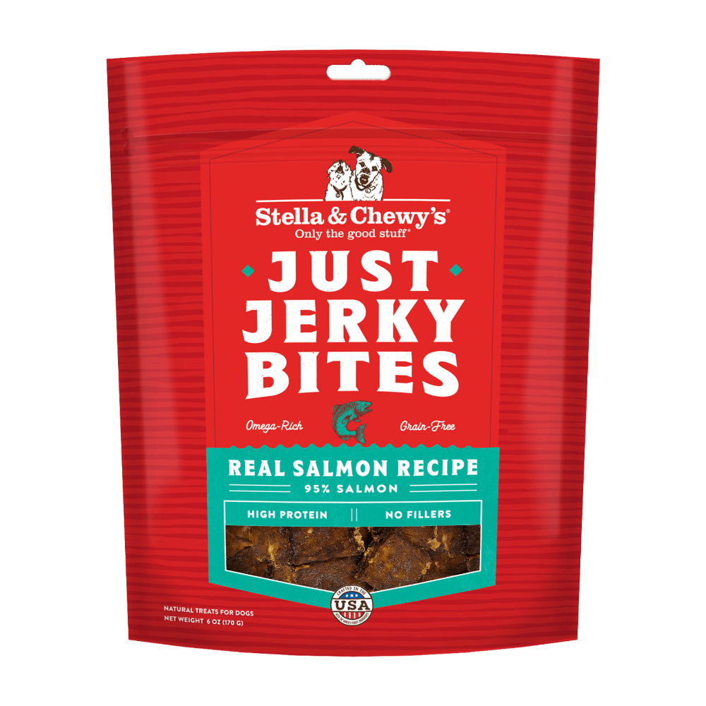 Stella & Chewy's Just Jerky Bites dog treats featuring 95% salmon, high protein, no fillers, and grain-free for all dogs.