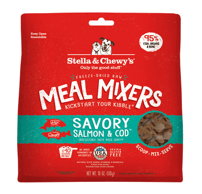 Stella & Chewy's Savory Salmon & Cod freeze-dried dog meal mixers with 95% fish, nutrients, and probiotics.