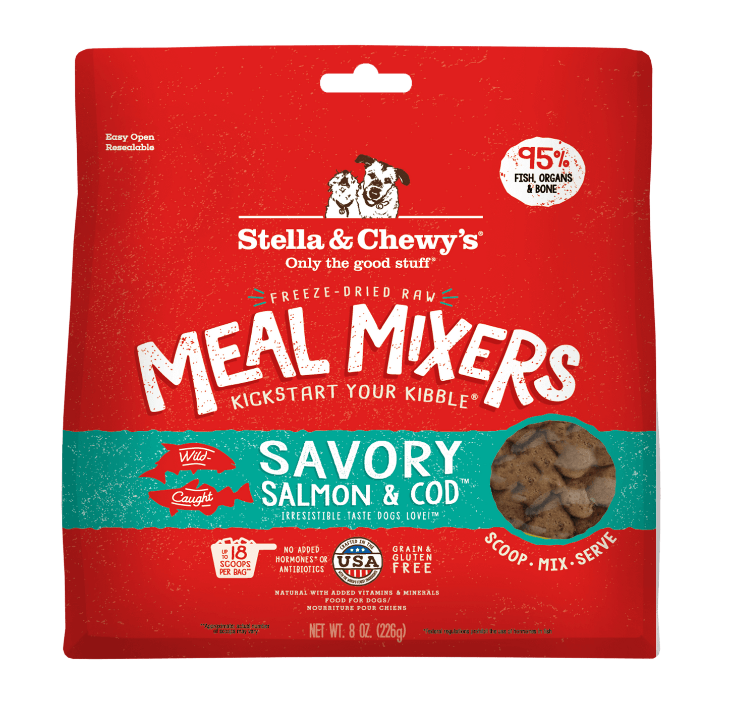 Stella & Chewy's Savory Salmon & Cod Freeze-Dried Raw Meal Mixers, 95% fish, nutrient-rich, grain-free, with probiotics.