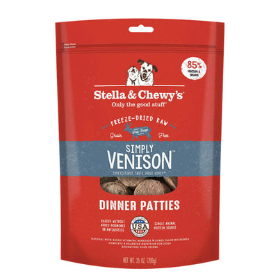 Stella & Chewy's Simply Venison freeze-dried raw dinner patties, made with 85% grass-fed venison and organic fruits.