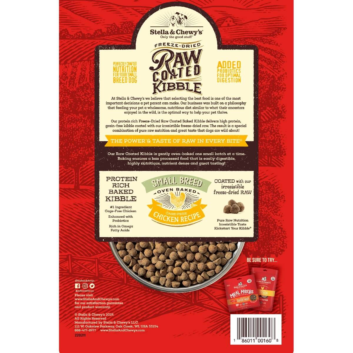 Stella & Chewy's Small Breed Freeze-Dried Raw Coated Kibble back label, showcasing chicken recipe and nutritional benefits.