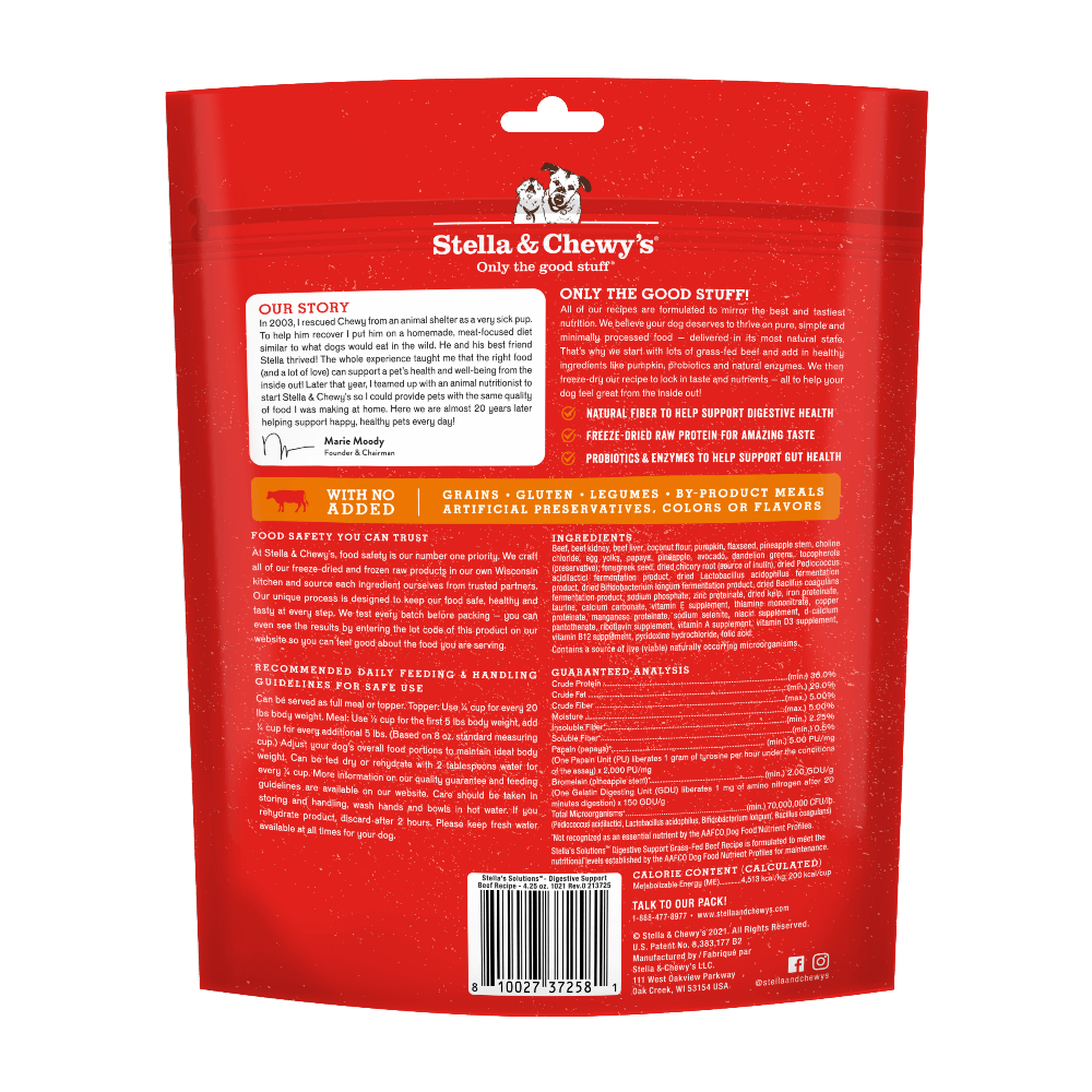 Stella & Chewy's Digestive Boost Beef dog meal packaging, highlighting natural ingredients and feeding guidelines.