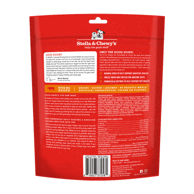 Stella & Chewy's Digestive Boost Beef dog meal packaging, highlighting natural ingredients and feeding guidelines.