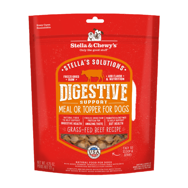 Stella & Chewy's Digestive Boost Beef Freeze-Dried Dog Meal, supports gut health with grass-fed beef and natural fibers.