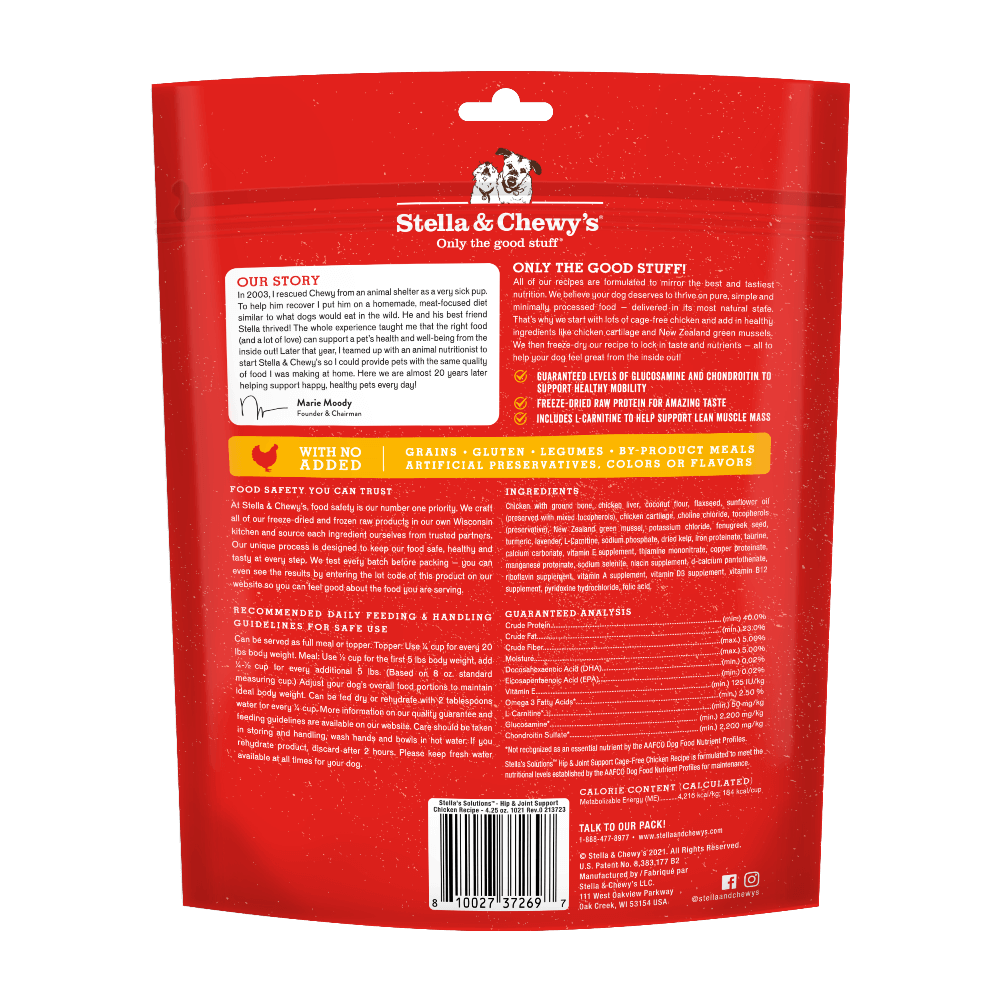 Back of Stella & Chewy's Stella's Solutions Hip & Joint Boost dog meal bag with ingredients and feeding guidelines.