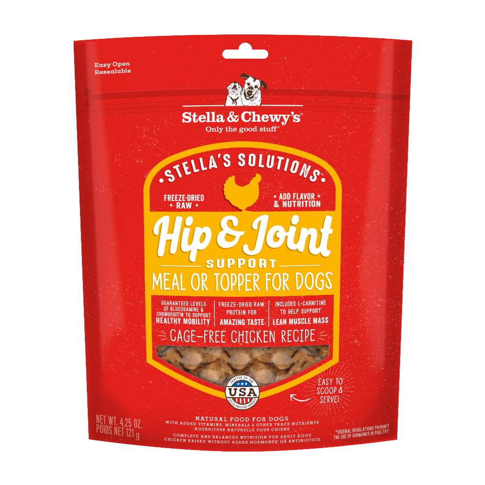 Stella & Chewy's Hip & Joint Boost Chicken freeze-dried raw dog meal and topper for healthy mobility.