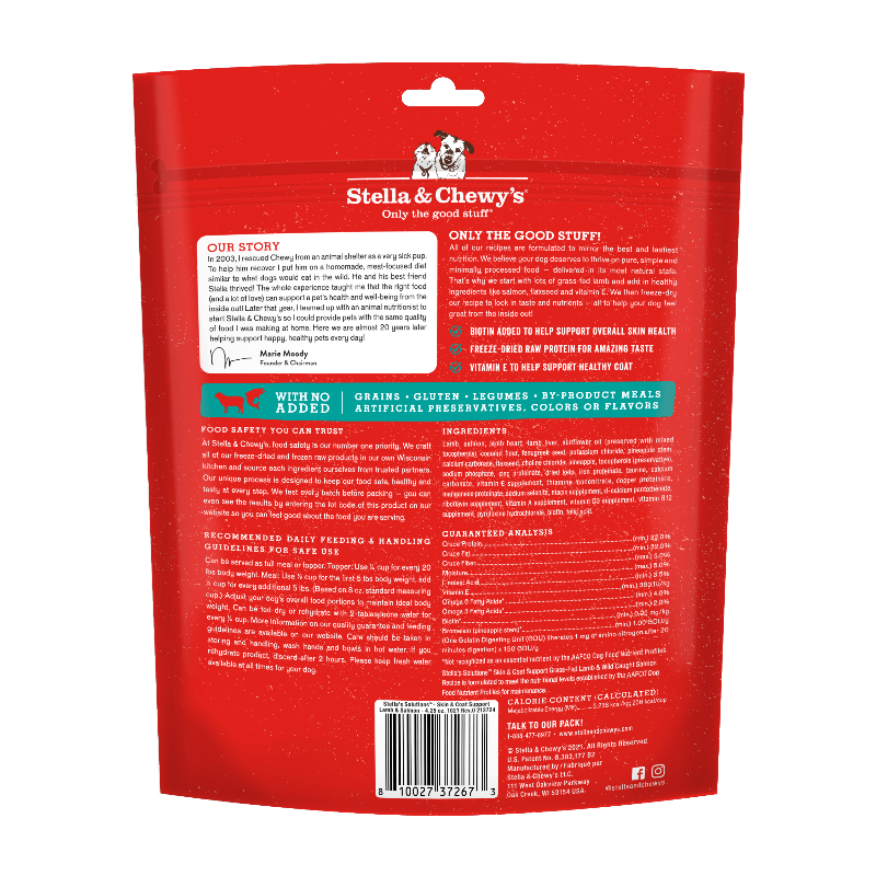 Back of Stella & Chewy's Freeze-Dried Raw Dog Meal showing ingredients and feeding instructions.