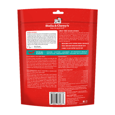 Back of Stella & Chewy's Freeze-Dried Raw Dog Meal showing ingredients and feeding instructions.