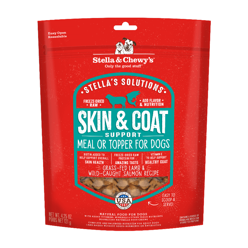 Stella & Chewy's Skin & Coat Support freeze-dried raw dog meal with lamb and salmon for healthy coats.