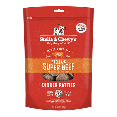 Stella & Chewy's Super Beef Freeze-Dried Raw Dinner Patties packaging with 95% beef, organic veggies, and added vitamins.