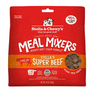 Stella & Chewy's Super Beef Freeze-Dried Raw Dog Meal Mixers bag featuring 95% grass-fed beef, organic fruits, and veggies.