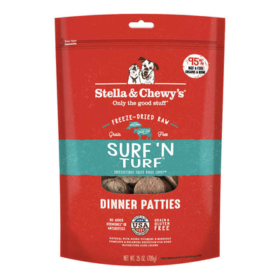 Stella & Chewy's Surf ‘N Turf freeze-dried raw dinner patties, beef & salmon, grain-free, nutritious for dogs.