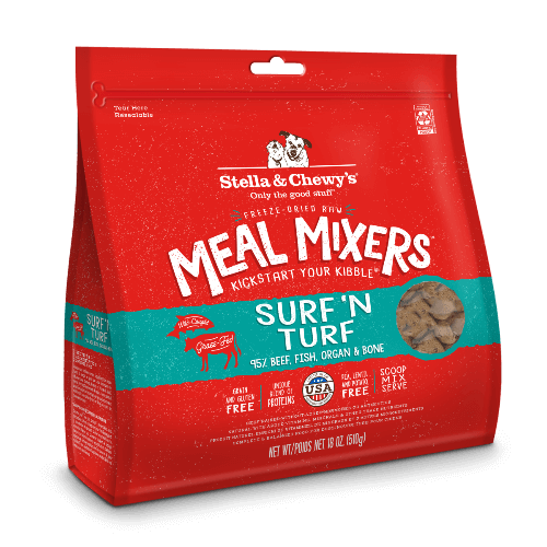 Stella & Chewy's Surf & Turf Freeze-Dried Raw Dog Meal Mixers, featuring beef, fish, organ, and bone for nutritious meals.