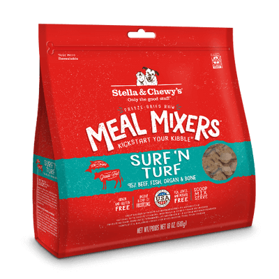 Stella & Chewy's Surf & Turf Freeze-Dried Raw Dog Meal Mixers, featuring beef, fish, organ, and bone for nutritious meals.