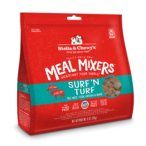 Stella & Chewy's Surf & Turf Freeze-Dried Raw Dog Meal Mixers package featuring beef, fish, organ, and bone.