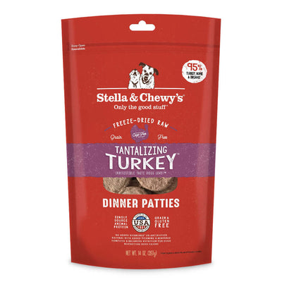 Stella & Chewy's Tantalizing Turkey Freeze-Dried Raw Dinner Patties 14oz packaging with high-quality ingredients.