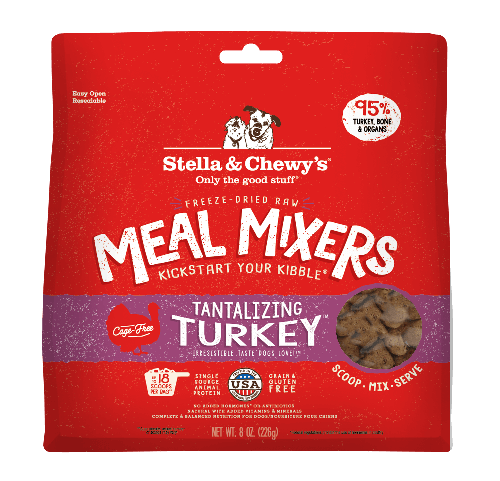 Stella & Chewy's Tantalizing Turkey Freeze-Dried Raw Meal Mixers package with 95% turkey content.