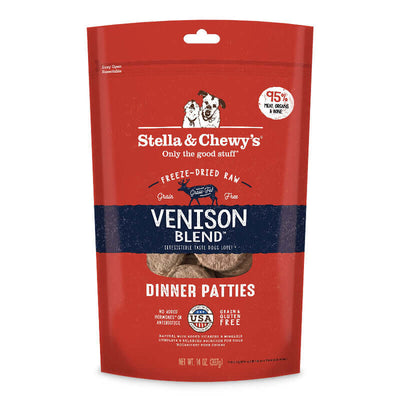 Stella & Chewy's Venison Blend Freeze-Dried Raw Dinner Patties package featuring 95% venison and lamb, gluten-free.