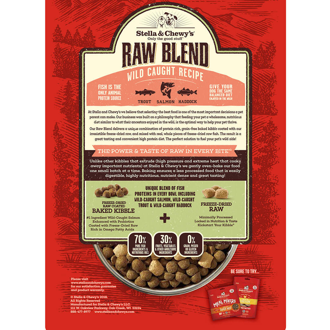 Stella & Chewy's Raw Blend kibble with fish ingredients, freeze-dried raw pieces, organic fruits, and probiotics for pets.
