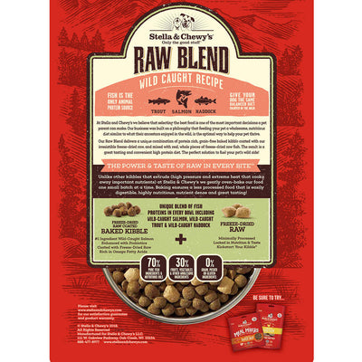 Stella & Chewy's Raw Blend kibble with fish ingredients, freeze-dried raw pieces, organic fruits, and probiotics for pets.