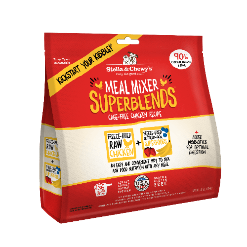 Stella & Chewy's Superblends Meal Mixers Chicken Freeze-Dried Dog Food 16oz, nutrient-rich with 90% cage-free chicken.
