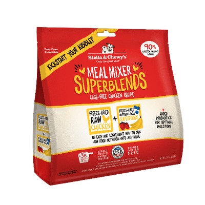 Stella & Chewy's Superblends Meal Mixers Chicken Freeze-Dried Dog Food 16oz, nutrient-rich with 90% cage-free chicken.