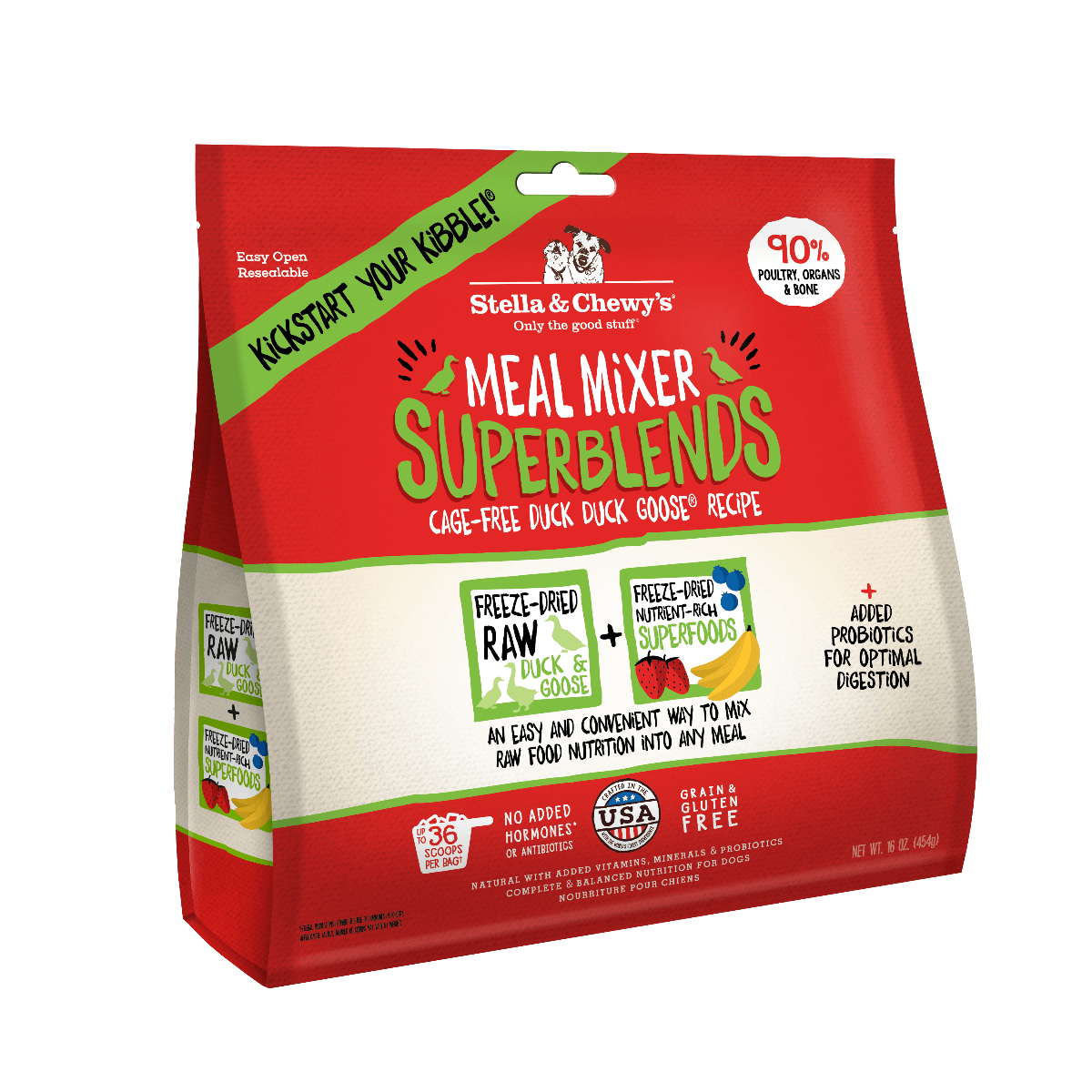 Stella & Chewy's Superblends Meal Mixers Duck Duck Goose freeze-dried dog food package with 90% poultry.