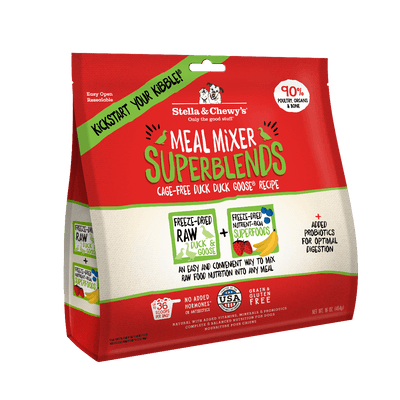 Stella & Chewy's Superblends Meal Mixers Duck Duck Goose freeze-dried dog food package with 90% poultry.