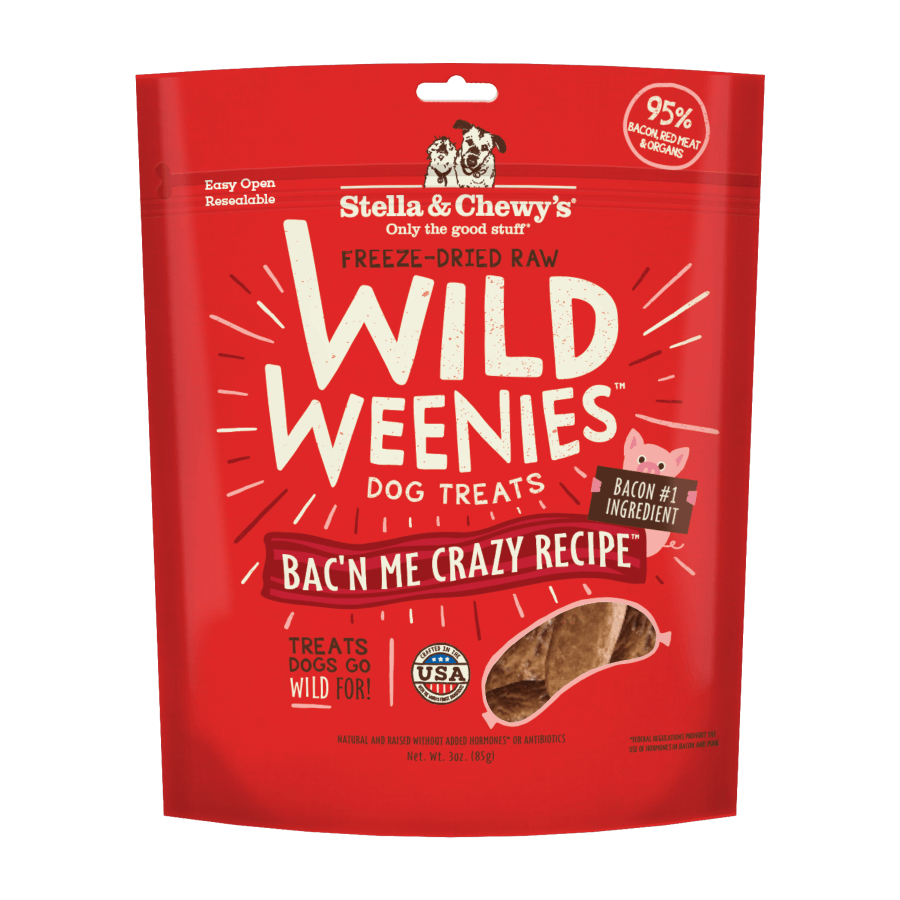 Stella and Chewy's Wild Weenies freeze-dried raw dog treats with 95% bacon, made in the USA, all-natural ingredients.