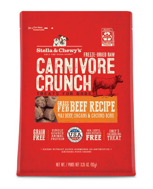 Stella and Chewy's Beef Carnivore Crunch freeze-dried raw dog treats, made with 98% beef and nutrient-rich organs.