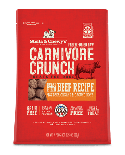 Stella and Chewy's Beef Carnivore Crunch freeze-dried raw dog treats, made with 98% beef and nutrient-rich organs.