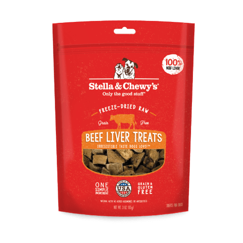 Stella & Chewy's freeze-dried beef liver treats, single ingredient, 3oz bag, ideal for dogs with food sensitivities.