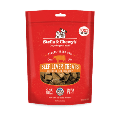 Stella & Chewy's freeze-dried beef liver treats, single ingredient, 3oz bag, ideal for dogs with food sensitivities.
