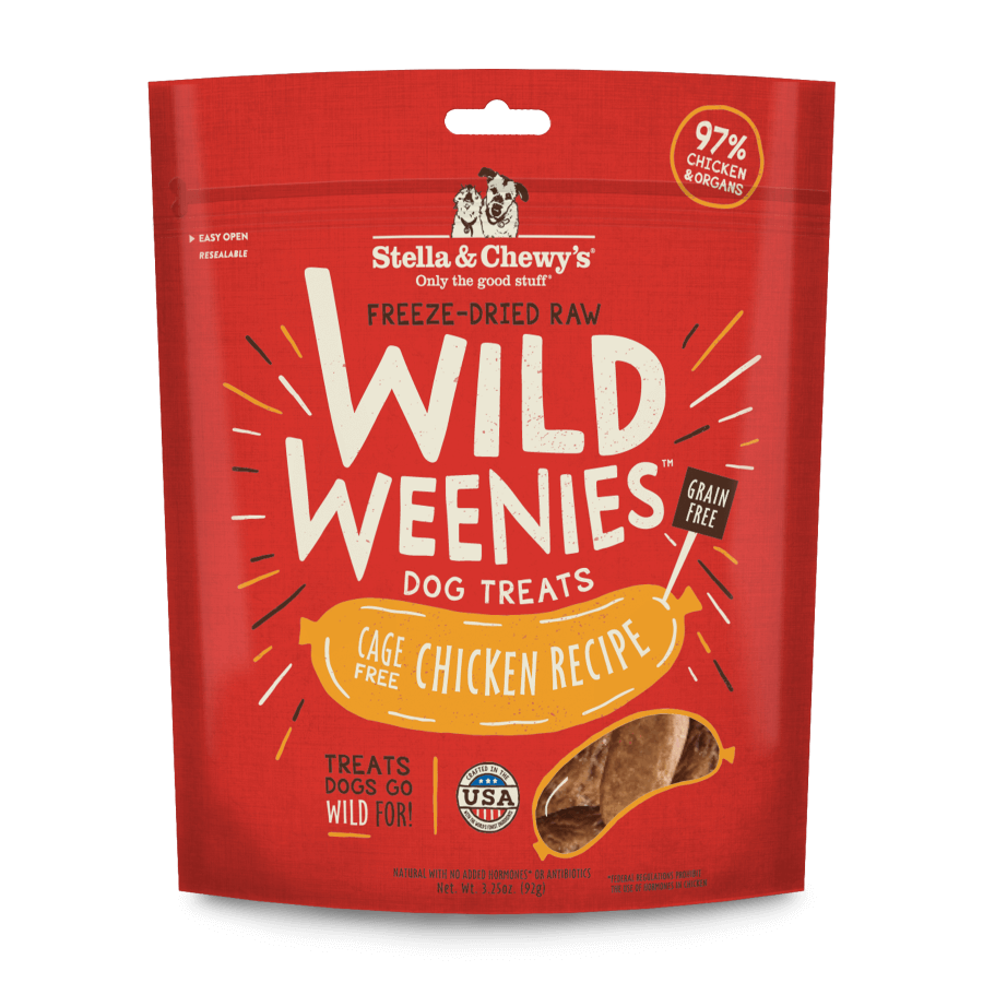 Stella and Chewy's Wild Weenies freeze-dried raw dog treats with 97% chicken and organs, ideal for training.