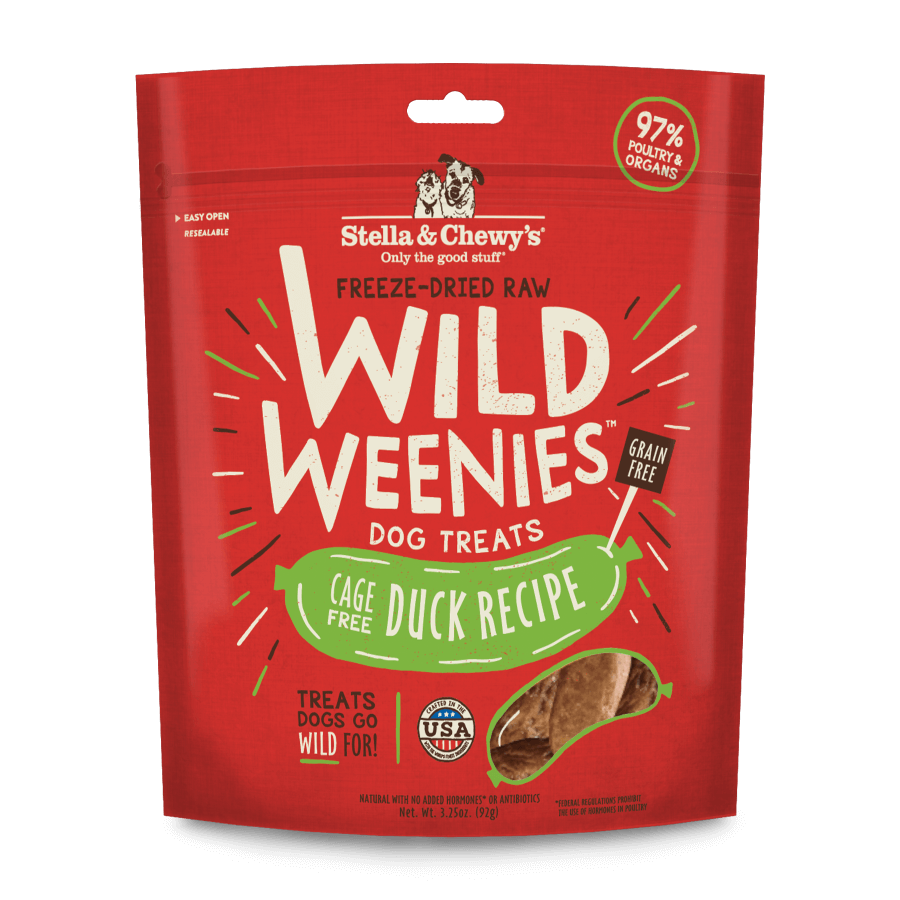 Stella and Chewy's Wild Weenies freeze-dried raw dog treats in a red bag, featuring a cage-free duck recipe, 97% duck and organs.