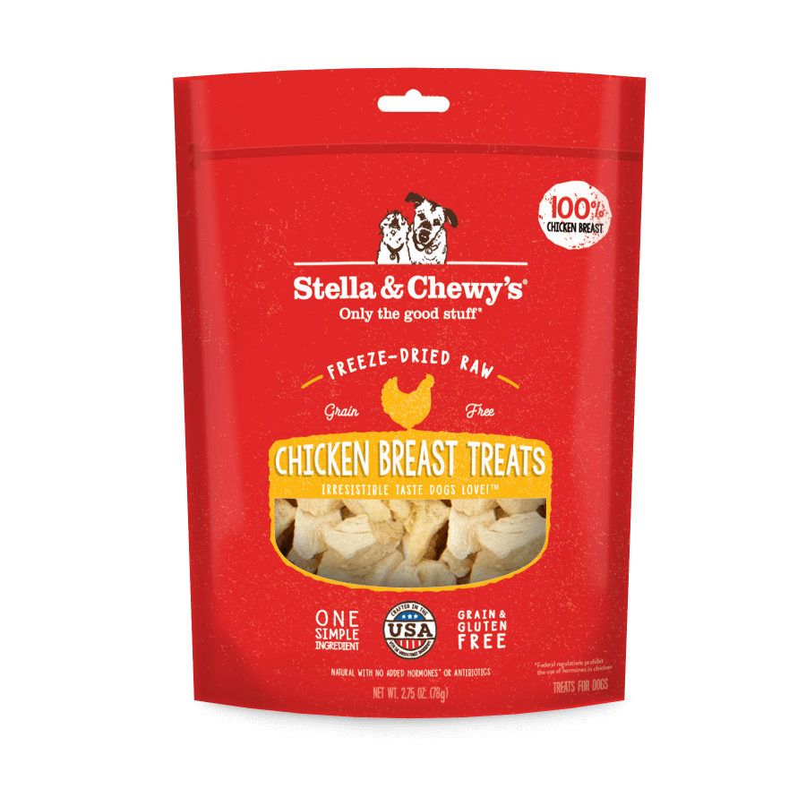 Stella and Chewy's freeze-dried raw chicken breast dog treats, 100% chicken, grain and gluten-free, perfect for food allergies.