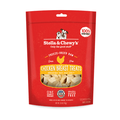 Stella and Chewy's freeze-dried raw chicken breast dog treats, 100% chicken, grain and gluten-free, perfect for food allergies.