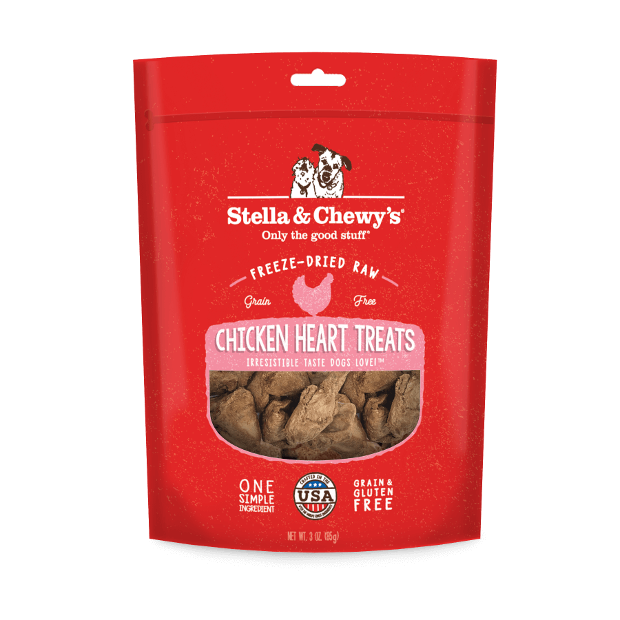 Stella and Chewy's Chicken Heart Freeze-Dried Raw Dog Treats packaging with natural ingredients made in USA.