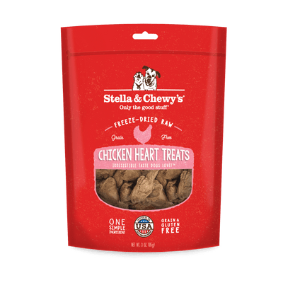 Stella and Chewy's Chicken Heart Freeze-Dried Raw Dog Treats packaging with natural ingredients made in USA.